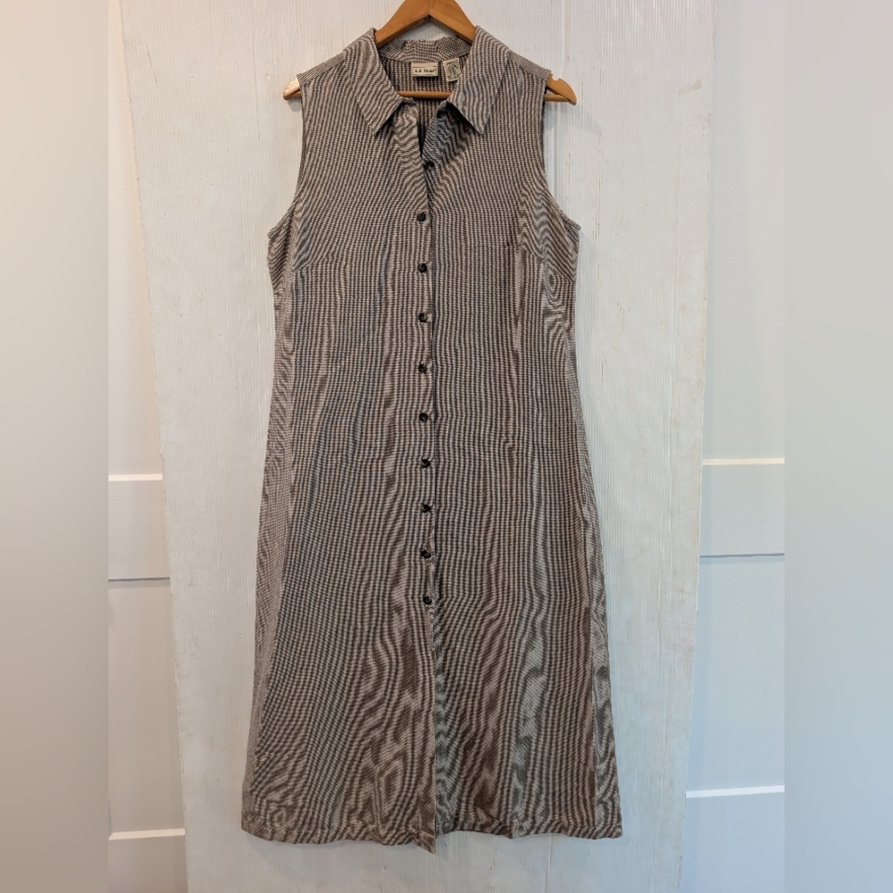 L.L. BEAN Brown Tan Houndstooth Button Front Midi Sleeveless Shirt Dress Size 14 - Picture 2 of 9